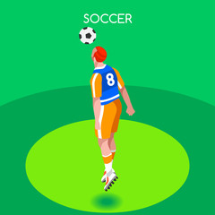 Soccer Header Player Athlete Summer Games Icon Set.3D Isometric Field Soccer Match and Players.Sporting International Competition Championship.Sport Soccer Infographic Football Vector Illustration.