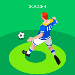 Soccer Striker Player Athlete Summer Games Icon Set.3D Isometric Field Soccer Match and Players.Sporting International Competition Championship.Sport Soccer Infographic Football Vector Illustration.