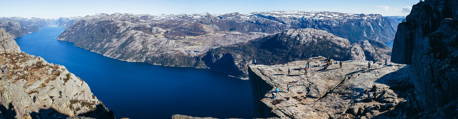 View at Preikestolen, Pulpit Rock, Lysefjorden, Norway. Famous tourist attraction. - obrazy, fototapety, plakaty