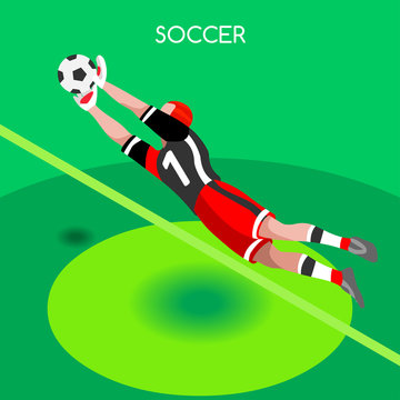 Soccer Goalkeeper Block. Soccer Player Athlete Summer Games Icon Set.3D Isometric Soccer Match Goalkeeper Save.Sporting International Competition Championship.Sport Soccer Infographic Football Vector