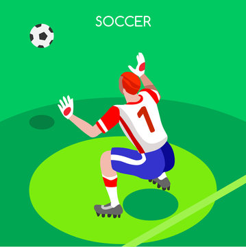 Soccer Goalkeeper Block. Soccer Player Athlete Summer Games Icon Set.3D Isometric Soccer Match Goalkeeper Save.Sporting International Competition Championship.Sport Soccer Infographic Football Vector