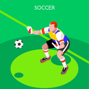 Soccer Goalkeeper Player Athlete Summer Games Icon Set.3D Isometric Field Soccer Match and Players.Sporting International Competition Championship.Sport Soccer Infographic Football Vector Illustration
