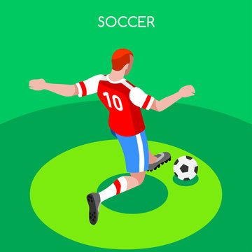Soccer Striker Player Athlete Summer Games Icon Set.3D Isometric Field Soccer Match and Players.Sporting International Competition Championship.Sport Soccer Infographic Football Vector Illustration.