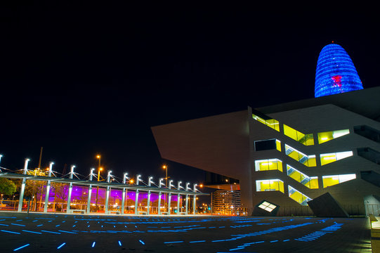 View of the LED illuminated Placa de Les Glories, the Disseny Hub Barcelona and the Agbar Tower