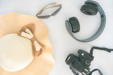 Flat lay of travel Holiday accessories Background, camera,eyegla