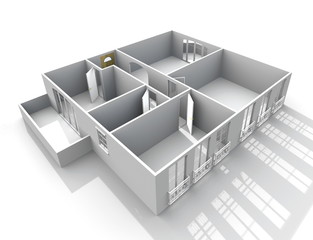 3d interior rendering perspective view of empty paper model home apartment with balcony and windows