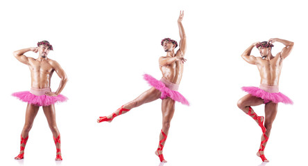 Man wearing ballet tutu isolated on white