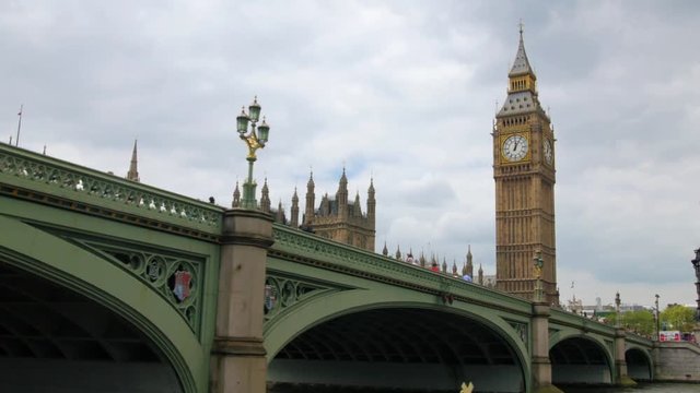 Dolly view of the House of Parliament and the Big Ben by Westminster bridge in London
