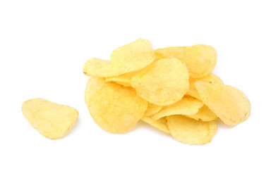 Fried salted potato chips isolated on white background