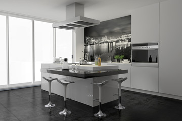 moderne kleine Küche mit Theke und Wandtattoo Wandbild