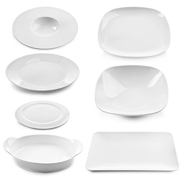 Collage of different plates isolated on white