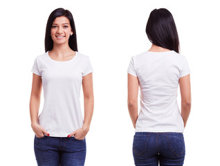 White t shirt on a young woman template - obrazy, fototapety, plakaty