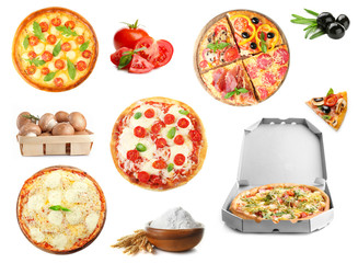 Collage of pizza and ingredients isolated of white