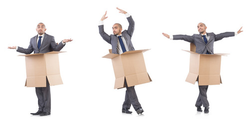 Obraz premium Collage of photos with man and boxes