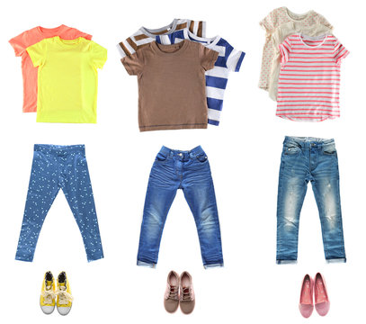 Collage of different children clothes isolated on white