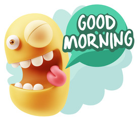 3d Rendering Smile Character Emoticon Expression saying Good Mor
