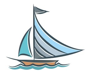 Blue sailing vessel in the sea. 