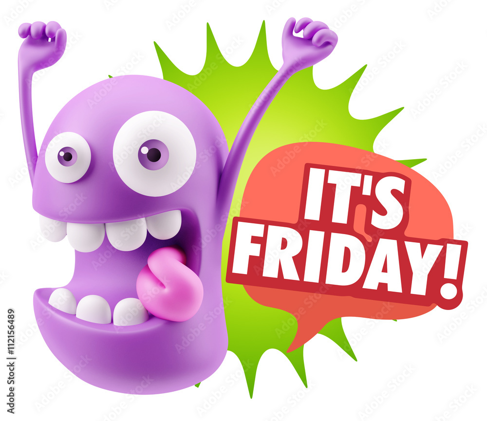 Poster 3d rendering smile character emoticon expression saying it's fri