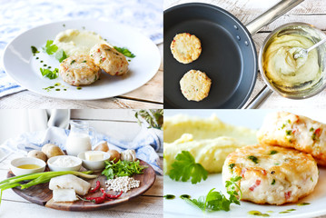 Collage. Fish or chicken cutlets with mashed