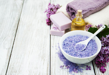 Spa setting with lilac flowers