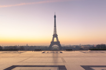 Morning view of Eiffel Tower from Trocadero with sunrise colors