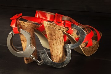 Metal handcuffs and women's shoes. The concept of sexual games. Violence against women,...