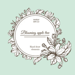 Vintage card with garden flowers. Hand drawn apple tree flowers. Vector illustration blooming branches cherry