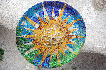 Barcelona Park Guell of Gaudi mosaic in the Hundred Columns Chamber - obrazy, fototapety, plakaty