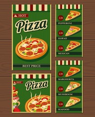 Whole pizza and slices of pizza and the ingredients. Pepperoni, Hawaiian, Margherita, Mexican, Seafood, Capricciosa. Isolated vector retro vintage illustration for poster, menus, logotype, brochure.