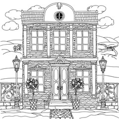 Black and white illustration of a house. Vector.