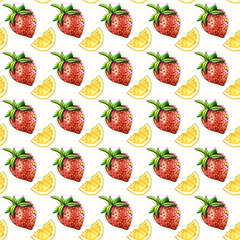 Repeating seamless pattern with strawberries and lemons. Elegant seamless food pattern, watercolor illustration.