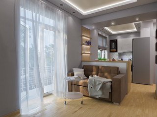 3d rendering living room and kitchen interior design.