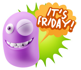 3d Rendering Smile Character Emoticon Expression saying It's Fri
