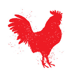 Rooster label. Vintage style illustration. Rooster silhouette Chinese calligraphy imitation. Ink brush painting, Inksticks or India ink hair texture on the edge of the cock with splash of ink. 