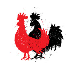 Chinese zodiac, rooster. Chinese New Year. Couple of rooster are looking to the left.  Imitation of hand drawing or painting of the silhouettes with Chinese calligraphy Inksticks or India ink.