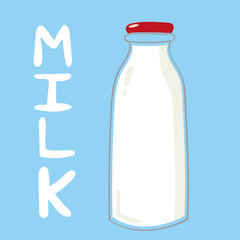 A bottle of dairy milk with a red cap standing next to the word MILK in white text