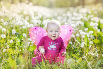 Baby girl with wings sitting among dandelions