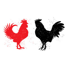 Two red and black roosters are looking at each other. Happy new year 2017 zodiac. Greeting card. Imitation of hand drawing or painting of roosters silhouette with Chinese calligraphy ink.
