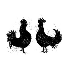 Fototapeta na wymiar Pair of black roosters are looking at each other. Happy new year 2017 zodiac. Greeting card. Imitation of hand drawing or painting of roosters silhouette with Chinese calligraphy ink.