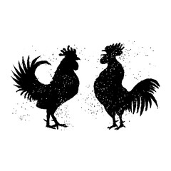 Pair of black roosters are looking at each other. Happy new year 2017 zodiac. Greeting card. Imitation of hand drawing or painting of roosters silhouette with Chinese calligraphy ink.