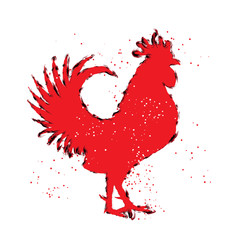 Chinese 2017 new year of the Rooster symbol. Red and black paint color brush roosters silhouette. Imitation of hand drawing or painting of rooster with Chinese calligraphy Inksticks or India ink. 