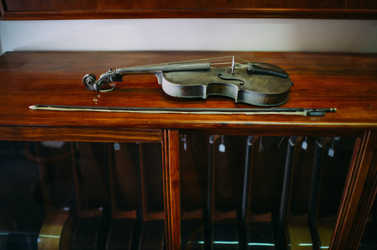 Closeup of a violin in a workshop of a luthier