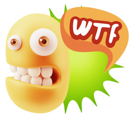 3d Rendering Smile Character Emoticon Expression saying WTF with