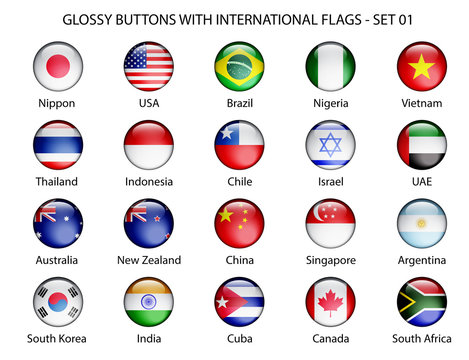 Set bottoni di vetro con bandiere internazionali vettoriali 