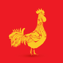 Traditional yellow gold rooster on red background as zodiac symbol.