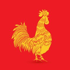 Traditional yellow gold rooster on red background as zodiac symbol.