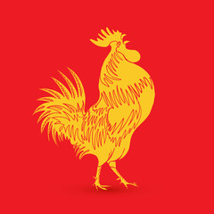Traditional yellow gold rooster on red background as zodiac symbol for Chinese New year 2017. Hand drawing cock design element for Chinese New year cards. Chinese Year of the Rooster zodiac emblem.