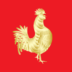 Chinese 2017 new year of the Rooster symbol. Gold metallic rooster on red background is looking at left. Hand drawing doodle with gradients. Chinese calendar Zodiac. Rooster golden silhouette.