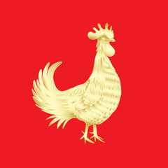 Chinese 2017 new year of the Rooster symbol. Gold metallic rooster on red background is looking at left. Hand drawing doodle with gradients. Chinese calendar Zodiac. Rooster golden silhouette.