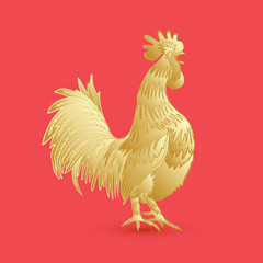 Golden rooster on red background looking at right. Chinese calendar Zodiac for 2017 New Year of rooster. Rooster golden silhouette. Hand drawing doodle with gradients. Chinese Happy New Year. 